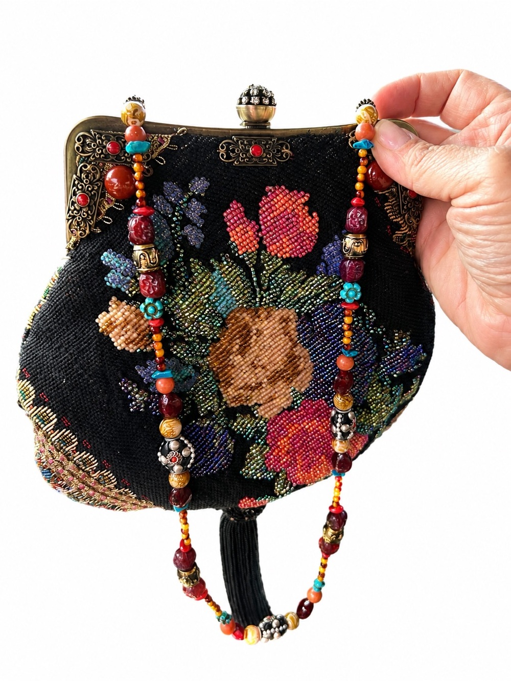 Mary Frances Vintage Beaded Floral Tassel Purse